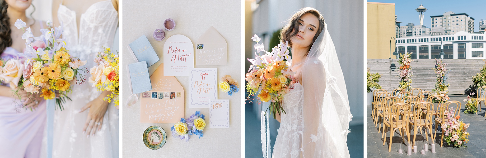 Four images from a colorful pastel photoshoot at Edgewater Hotel featuring a bouquet, invitations, a bride, and a ceremony space facing the Seattle skyline